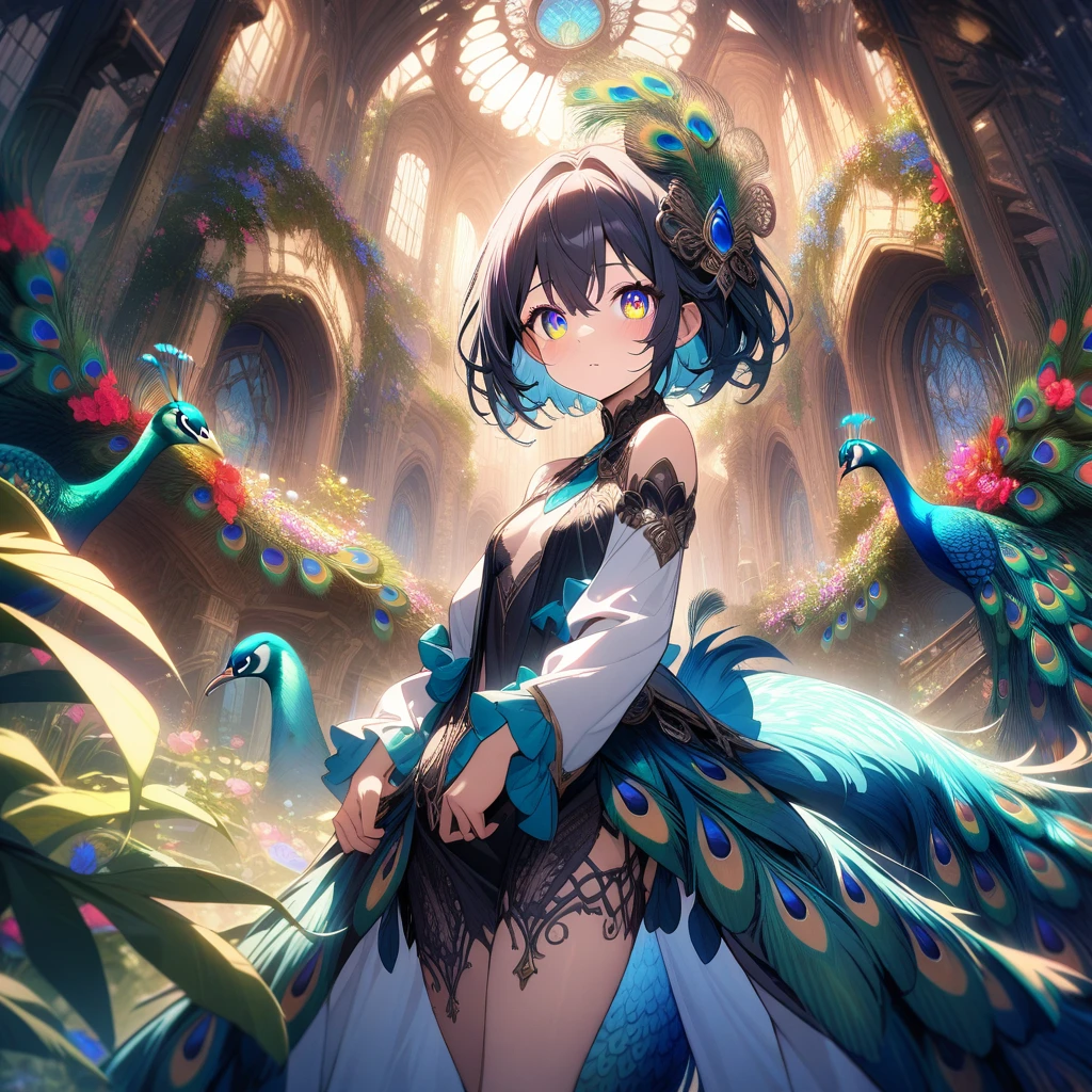 very aesthetic, beautiful eyes, best quality, ultra detailed, intricate details, (detailed background), absurdres, peacock girl, peacock tail, multi-colored eyes, the marvellous garden