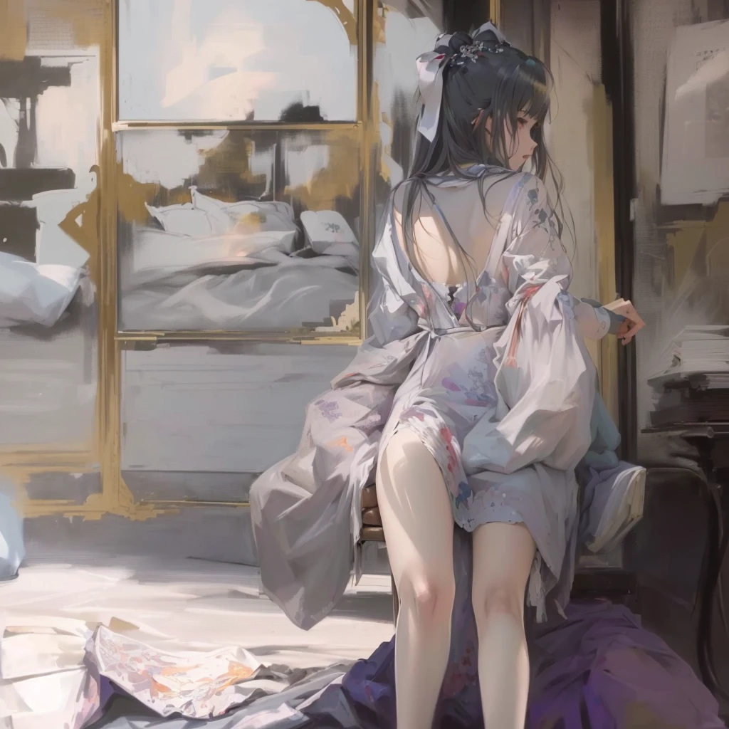 Drawing of a woman sitting on a chair in the room, Gwaiz, artwork in the style of Gwaiz, Digital art on Pixiv, Gwaiz on pixiv artstation, Gwaiz masterpiece, Gwaiz on artstation pixiv, Soft anime illustration, Painted in an anime artist's studio, Created by Anime Painter Studio, Blurry and dreamy illustration of a 17-year-old Japanese girl with vibrant hair colors, long hair, daring hair styling, slender figure, plump cheeks. She embodies the punk rock aesthetic, dressed like a punk rocker with bold attire, large sunglasses, a defiant expression. She stands at 170 centimeters tall, weighs 30 kilograms, wears long boots, with her thighs visible under a red pleated skirt. Adorned with numerous silver accessories. Depict with distinct outlines, using colors other than black for the outlines, using colorful hues for the outlines. She's into girls' rock, punk, Electric guitar, vibrant colors, stages, and backed by a band. An underground clubhouse with colorful lighting amidst the darkness. Colorful candies resembling mountains of treats are plentiful, strewn all around. A tall, well-built man with blonde hair is present, adorned with tattoos, a nose piercing, and a split tongue.