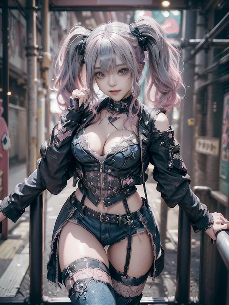 (Full Body View:1.2)、(Side view:1.1)、(Smiling with teeth showing:1.3),(Shibuya Gal:1.5)、(Beautiful:1.4)、(gothic fashion:1.5)、(Punk RockVisual Kei:1.3)、(Futuristic baby doll in black, white and denim:1.5)、(A delicate jacket in beige, black and navy:1.5)、(Denim garter belt:1.5)、(Denim and black and white bodysuit:1.4)、(Heart-shaped silver accessories:1.5)、(Brown Skin Belt:1.4)、(Blue High Heels:1.4)、(Lace patterned underwear:1.4)、28 years old、NSFW,((Highest quality、In 8K、masterpiece:1.3))、Sharp focus:1.2、(Layered Cut、Beautiful boobs:1.1),Beautiful woman with perfect figure:1.4、(Doing an aerobics pose:1.3)、Slender Abs:1.2、Butt、Highly detailed face and skin texture、Detailed eyes、double eyelid,(Twin tails:1.3)、(Pink Hair:1.3)、Obscene、Gravure idol、(Luxurious amusement park at night:1.3)、(Make your legs thinner:1.4)、(Thin thighs:1.4)、(Slim Body:1.3)、(clavicle:1.1)