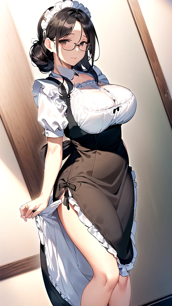 {{masterpiece}},high quality, 4K, 2D,1 girl,{simple gray background},(45 year old woman,mature female:1.6),standing,(sagging breasts:0.4),(gigantic breasts:1.3),(dirndl maid:1.3), black hair,(chignon:1.2),1 braid,impossible clothes, {from right in front of face and body},{front facing shot},Wear glasses,inside the room