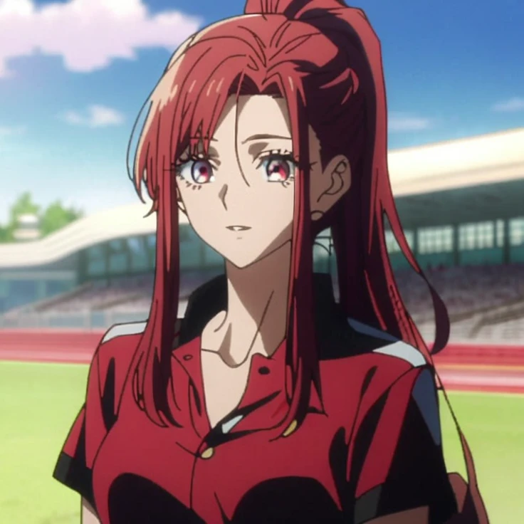 1girl, female gojo satoru, anime screencap from jujutsu kaisen, gojo satoru female version, solo, long_Red hair, Red Eyes, parted_lips, smiling, looking_at_viewer, perfect background, outdoors, side view, eyelashes, (Red shirt and pencil skirt),  hair_between_eyes, ((slicked hair, high ponytail)), 