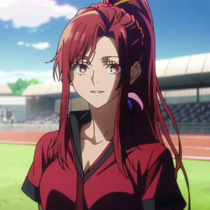 1girl, female gojo satoru, anime screencap from jujutsu kaisen, gojo satoru female version, solo, long_Red hair, Red Eyes, parted_lips, smiling, looking_at_viewer, perfect background, outdoors, side view, eyelashes, (Red shirt and pencil skirt),  hair_between_eyes, ((slicked hair, high ponytail)), 