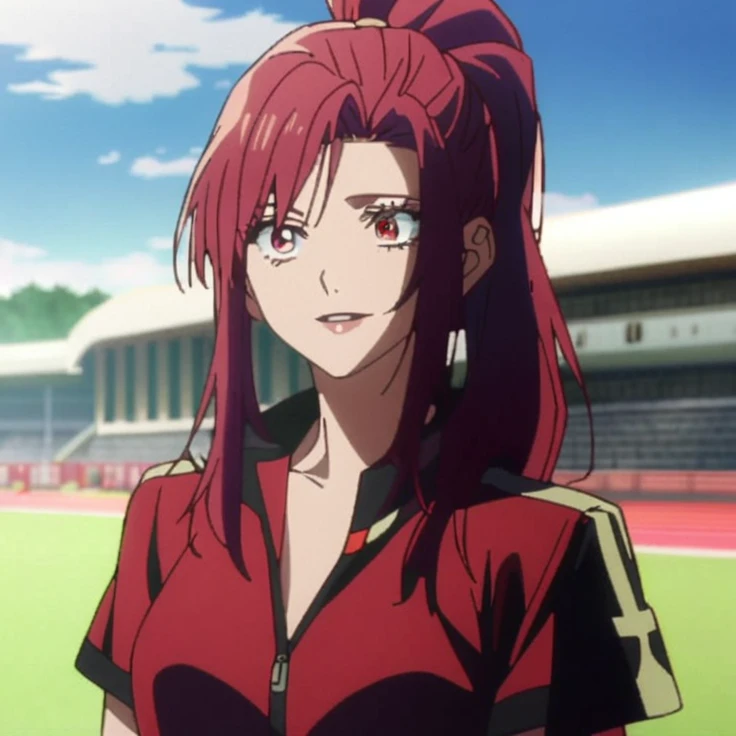 1girl, female gojo satoru, anime screencap from jujutsu kaisen, gojo satoru female version, solo, long_Red hair, Red Eyes, parted_lips, smiling, looking_at_viewer, perfect background, outdoors, side view, eyelashes, (Red shirt and pencil skirt), hair_between_eyes, ((slicked hair, high ponytail)),
