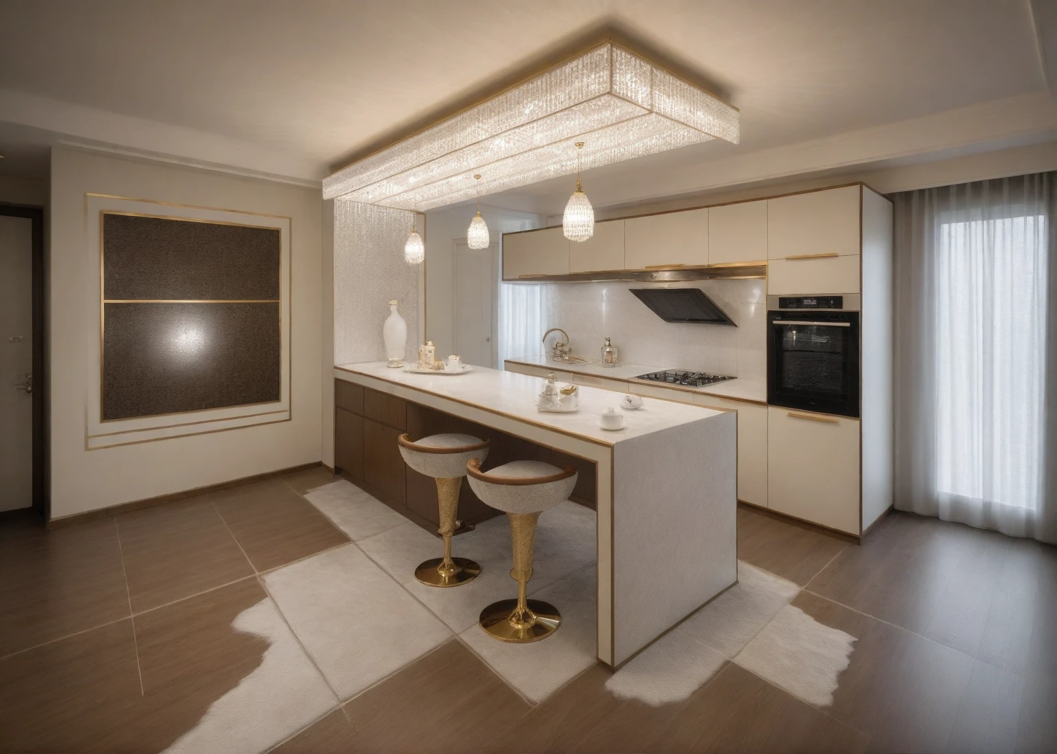 Masterpiece, Best quality,8K, Ultra-high resolution,When you step into the Kitchen and dinning room,Immediately surrounded by a rich atmosphere of luxury。Ornate crystal chandeliers hang high on the wall,Shine brightly。Kitchen island was covered with a soft white fluffy blanket,It is so comfortable,So much so that you can't help but indulge in it。Embellished with precious porcelain and white-off gold ornaments。Whenever it is late afternoon,The afterglow from the window spilled on the floor,Soft light and shadow are reflected,It was as if entering a dreamland。((( brown Doussie wooden furniture : 1.3 )))