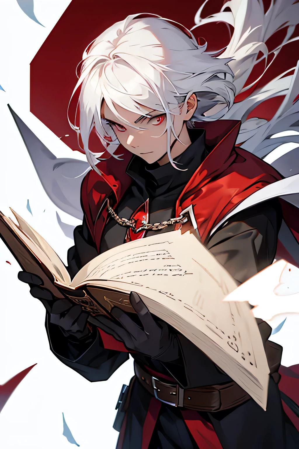 A 17 year old vampire, White hair and scarlet eyes combat class summoner, Holding a grimoire