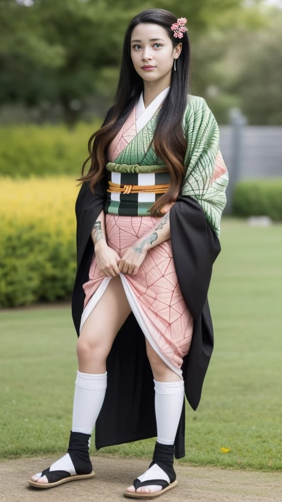 Female, moisturized skin, (pink and bright eyes), (full body: 1.4),
BREAK,
(kicking: 1.3),
BREAK,
(black grass tattoo on body: 1.3),
BREAK,
(cute kimono: 1.2), (black haori: 1.2),
BREAK,
(super long hair), (light gradient hair: 1.3), (red tips: 1.3),
BREAK,
(realistic: 1.3), (super high resolution), (highly detailed: 1.4), (full body: 1.4), (symmetrical: 1.2), (one shot),
BREAK,
(Japanese city: 1.2),
BREAK,
(Demon Slayer: 1.4), (Hirose Suzu: 1.3), (Kamado Nezuko),