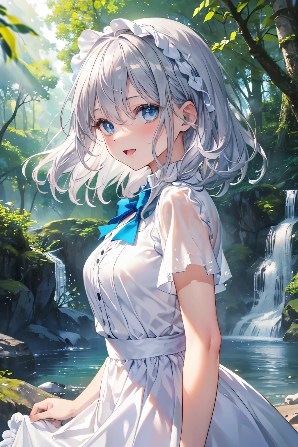 (Best quality,4K,8K,High resolution,Masterpiece:1.2),Super detailed,(Actual, Realistic),
break,
((Beautiful clear blue eyes:1.2)),very kind eyes,eyes wide open,beautiful eyelashes,beautiful lower eyelashes,
break,
((Beautiful and shiny silver hair:1.3)),A dazzling smile, a bursting smile, an open mouth laugh,
break,
short sleeve white dress shirt,blue bow tie,
break,
very happily,((bust shot)),zoom in,summer forest bathing,waterfall