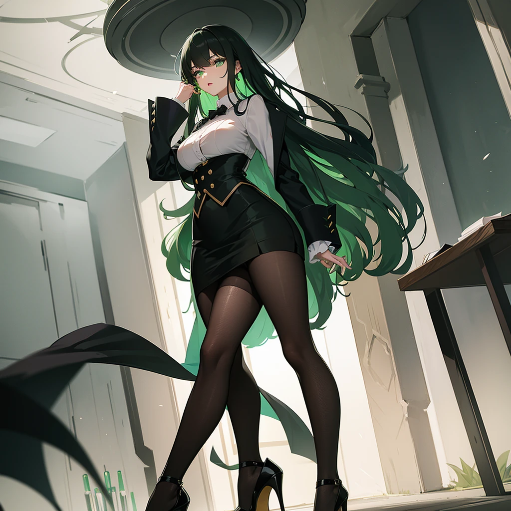 A tall, big-breasted young woman with lots of black pubic hair, long light green hair, light green eyes, wearing a black suit, a short office skirt, and black high heels.