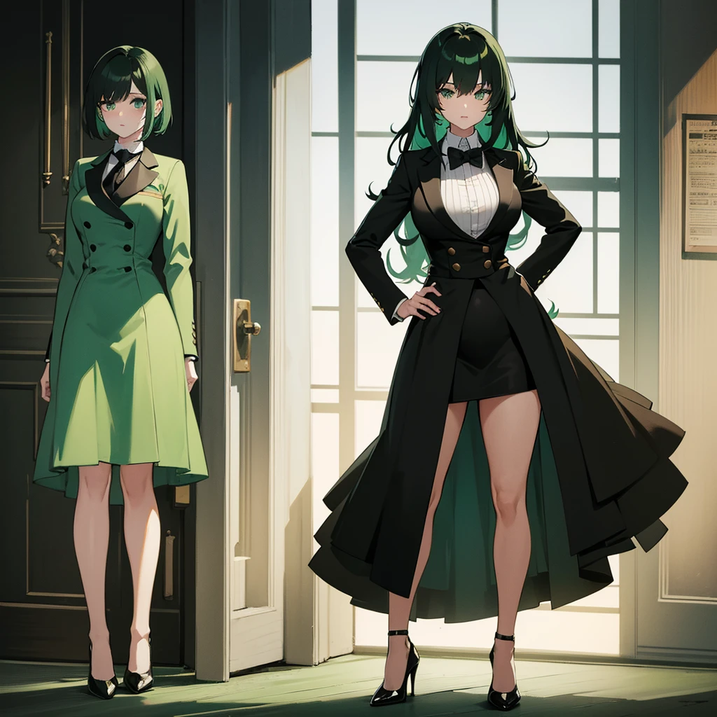 A tall, big-breasted young woman with lots of black pubic hair, long light green hair, light green eyes, wearing a black suit, a short office skirt, and black high heels.