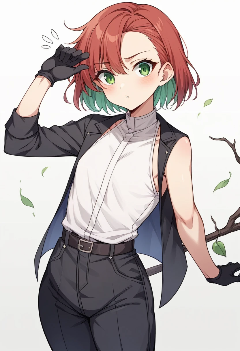 (One girl)、((short hair))、(sidelock)、(right bronze hair)、(sidelock)、(Sato Air)、((boyish))、((flat chest))、((Wizard))、black stick pants、White sleeveless、black jacket、black gloves、say、green eye、arm behind back、(coarse hair)、20-year-old 、curvy、asymmetrical bangs、White Background、