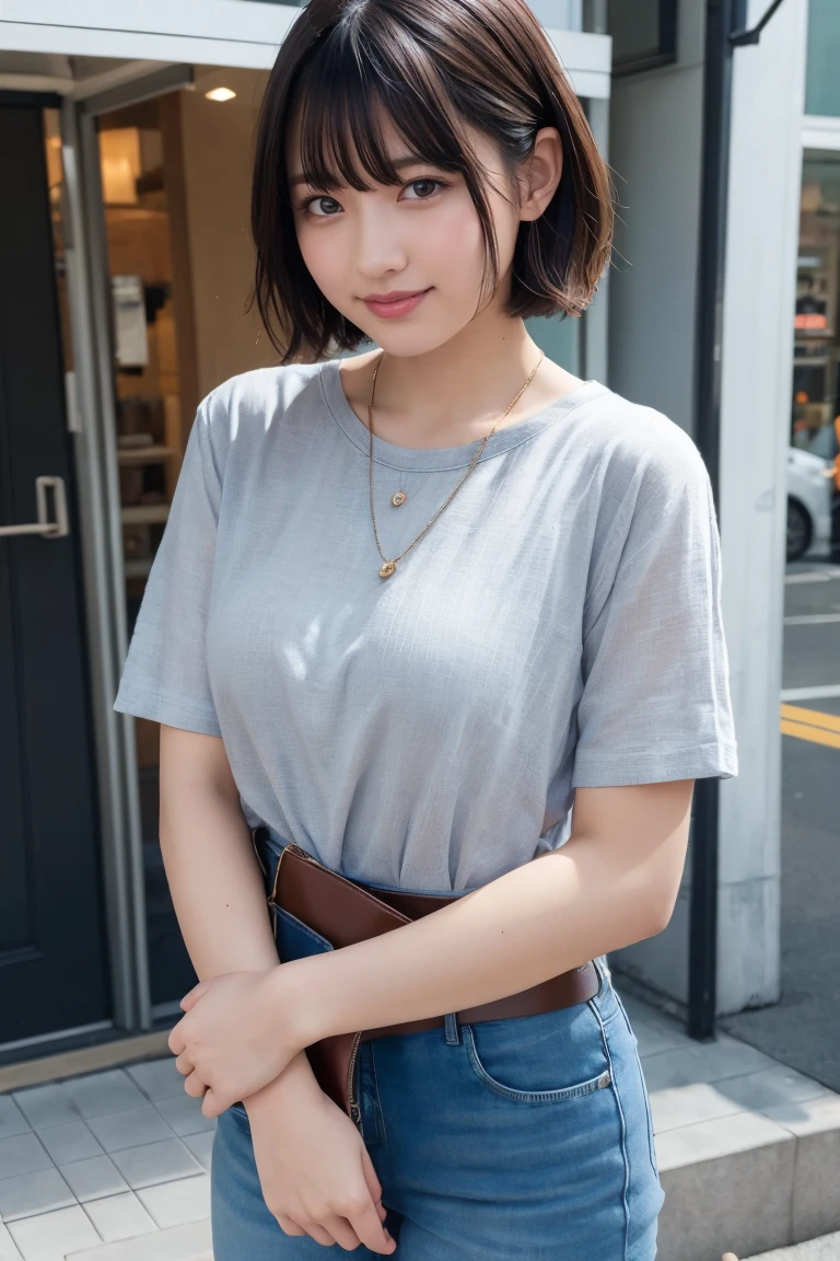 ((8k:1.27)、Highest quality、masterpiece、Ultra-high resolution:1.2)Photo Beautiful Japan woman (Comfortable:1.1) (Grey clothes:1.21) Designed by Greg Rutkowski and Alphonse Mucha Exquisite Elegance、Fantasy、detailed、geometry、Gradient lighting、One Girl、26 years old、Delicate skin、Looking at the audience、Brown eyes、(Flaxen short hair:1.2)、(Small breasts:1.0)、(middle breast wheel:0.8)、(Photorealistic:1.4)、(Highest quality:1.0)、(Ultra-high resolution:1.0)、(Without the use of hands:1.0)、8k、RAW Photos、 (Representative Song: 0.2), (Pure Eros Face_v1:0.5)、Tight clothing、tote bag、No sleeve、one piece、No sleeve、See through、smile、necklace、Linen Material、shirt、Ginza 4th Street、after work、evening、Business Fashion、Parted bangs、Hair is tied、A kind smile、Bust biting into the belt of the bag、Small breasts、Please stand up straight.、On the chest、