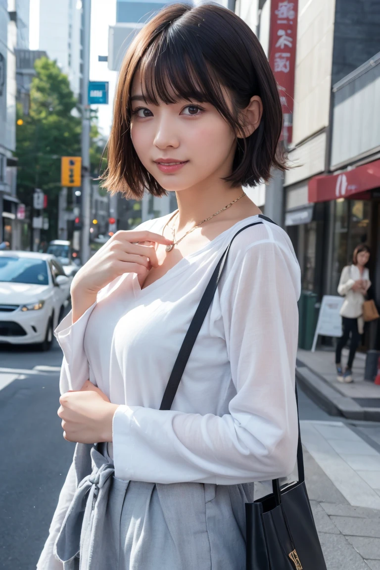 ((8k:1.27)、Highest quality、masterpiece、Ultra-high resolution:1.2)Photo Beautiful Japan woman (Comfortable:1.1) (Grey clothes:1.21) Designed by Greg Rutkowski and Alphonse Mucha Exquisite Elegance、Fantasy、detailed、geometry、Gradient lighting、One Girl、26 years old、Delicate skin、Looking at the audience、Brown eyes、(Flaxen short hair:1.2)、(Small breasts:1.0)、(middle breast wheel:0.8)、(Photorealistic:1.4)、(Highest quality:1.0)、(Ultra-high resolution:1.0)、(Without the use of hands:1.0)、8k、RAW Photos、 (Representative Song: 0.2), (Pure Eros Face_v1:0.5)、Tight clothing、tote bag、No sleeve、one piece、No sleeve、See through、smile、necklace、Linen Material、shirt、Ginza 4th Street、after work、evening、Business Fashion、Parted bangs、Hair is tied、A kind smile、Bust biting into the belt of the bag、Small breasts、Please stand up straight.、On the chest、