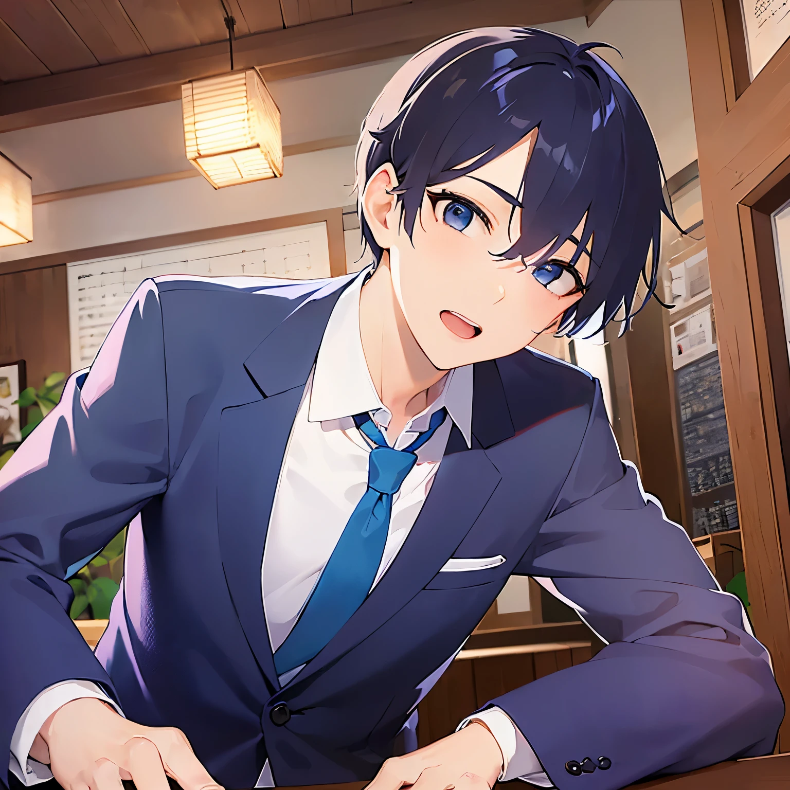 masterpiece、Highest quality、
(25-year-old male:1.5) and(Black short hair) and (blue eyes), 
(suit:1.5) and (Blue tie）(suit:1.5) and (Blue tie）、
Upset,open mouth,The background is the interior of an izakaya at night.、Hands outstretched