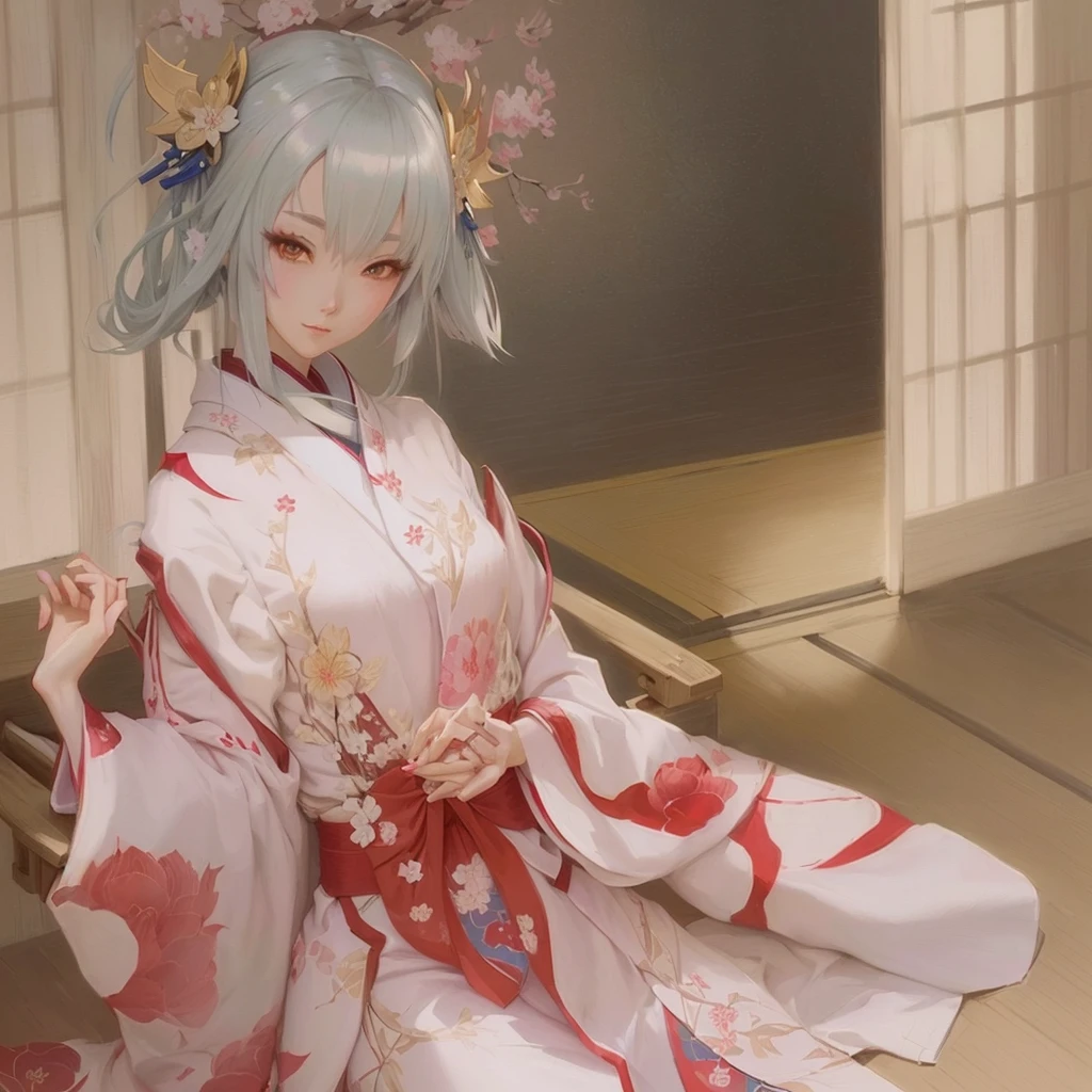 Anime-style image of a woman in a kimono sitting on a bench, Yandere intricate, ((wearing a noble robe)), Onmyoji portrait, The Detailed Art of the Onmyoji, onmyoji, Zerochan Art, Yandere, gapmoe Yandere, Painted in an anime artist&#39;s studio, gapmoe Yandere grimdark, pixiv Contest Winner, From DesireA 17-year-old Japanese girl with vibrant hair colors, long hair, daring hair styling, slender figure, plump cheeks. She embodies the punk rock aesthetic, dressed like a punk rocker with bold attire, large sunglasses, a defiant expression. She stands at 170 centimeters tall, weighs 30 kilograms, wears long boots, with her thighs visible under a red pleated skirt. Adorned with numerous silver accessories. Depict with distinct outlines, using colors other than black for the outlines, using colorful hues for the outlines. She's into girls' rock, punk, Electric guitar, vibrant colors, stages, and backed by a band. An underground clubhouse with colorful lighting amidst the darkness. Colorful candies resembling mountains of treats are plentiful, strewn all around. A tall, well-built man with blonde hair is present, adorned with tattoos, a nose piercing, and a split tongue.
