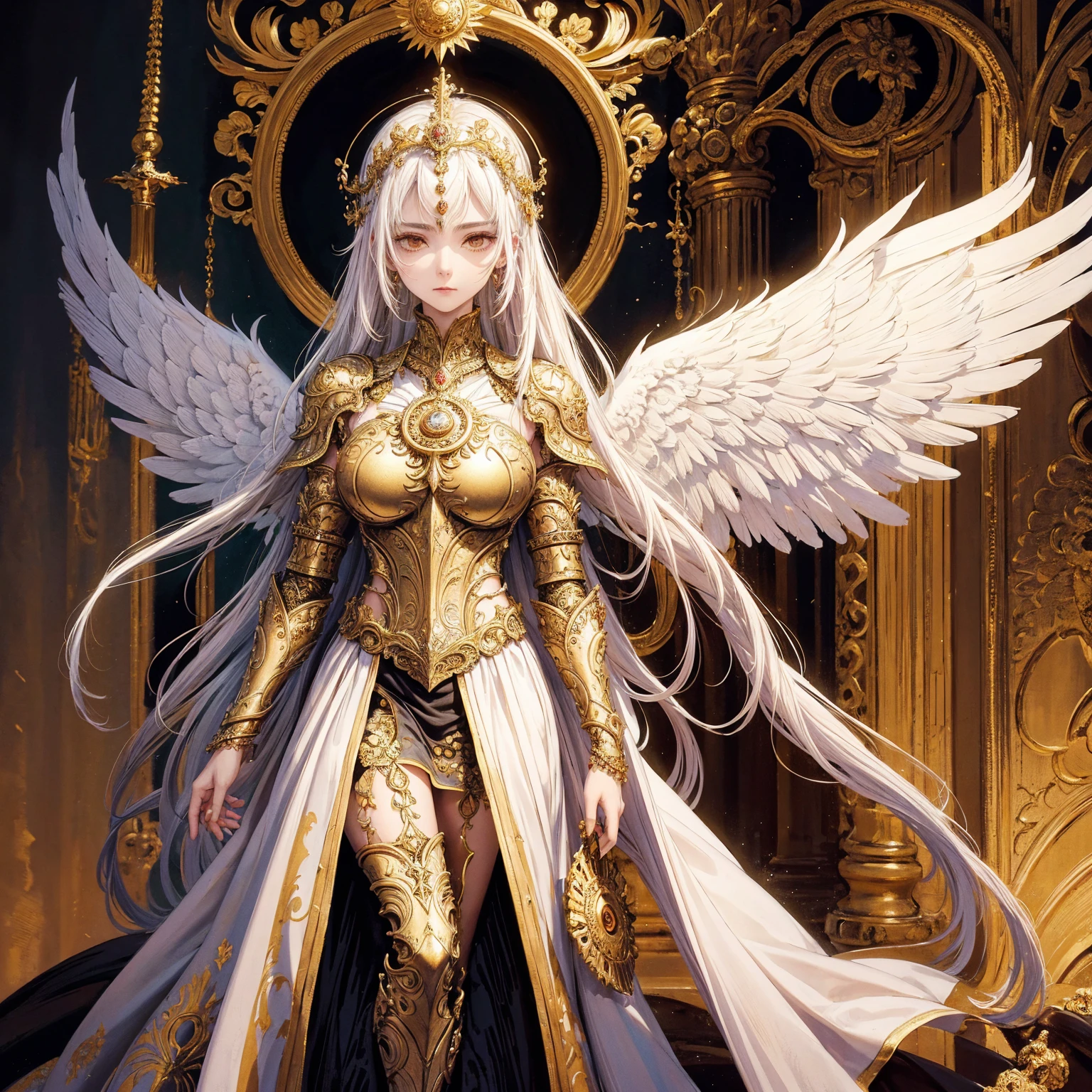 Art of woman wearing sun crown and ornate breastplate, a pair of golden-armored angelic white wings spread out behind the woman, ancient goddess art, Sacredness. Very detailed, Mysterious inspiration, Inspiration from the Sun God, Religious inspiration, Cold and snobbish face, Dangerous and scornful expressions, Keep a straight face without any smile, White hair, Standing, Full body portrait, Gothic art style, Weird art style, Occult art