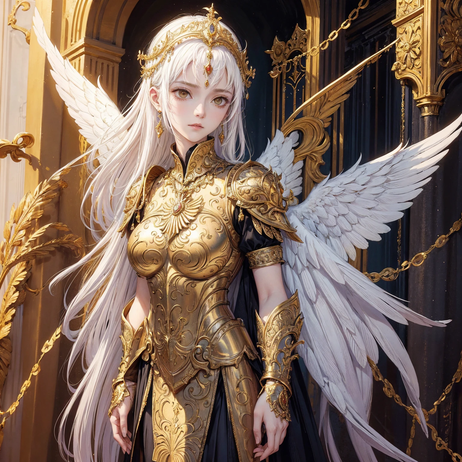 Art of woman wearing sun crown and ornate breastplate, a pair of golden-armored angelic white wings spread out behind the woman, ancient goddess art, Sacredness. Very detailed, Mysterious inspiration, Inspiration from the Sun God, Religious inspiration, Cold and snobbish face, Dangerous and scornful expressions, Keep a straight face without any smile, White hair, Standing, Full body portrait, Gothic art style, Weird art style, Occult art
