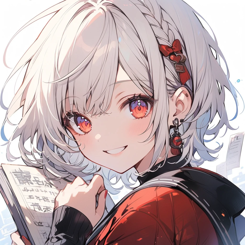 girl,short hair,White Hair,Detailed writing,smile,cute,smile,Upper Body,hand