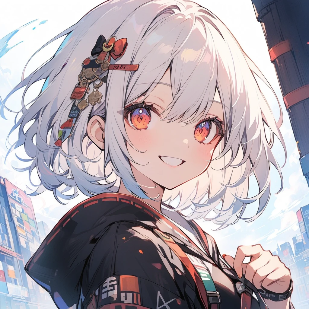 girl,short hair,White Hair,Detailed writing,smile,cute,smile,Upper Body,hand