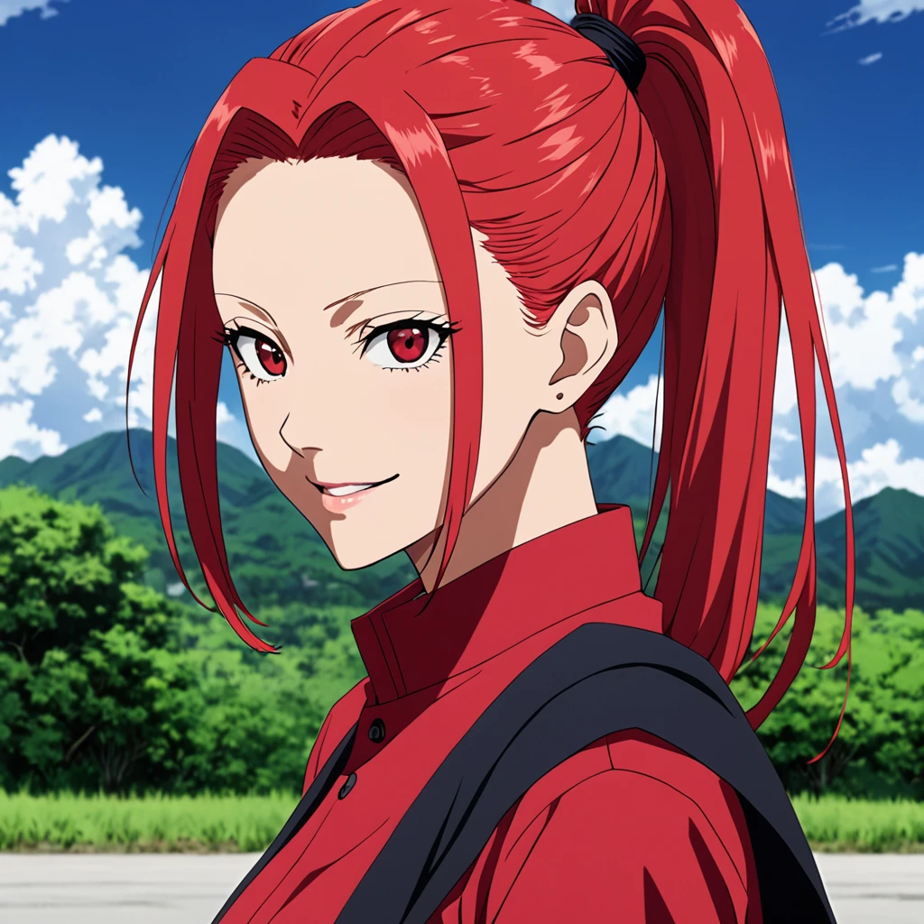 1girl, female gojo satoru, anime screencap from jujutsu kaisen, gojo satoru female version, solo, long_Red hair, Red Eyes, parted_lips, smiling, looking_at_viewer, perfect background, outdoors, side view, eyelashes, (Red shirt and pencil skirt), hair_between_eyes, ((slicked hair, high ponytail)),