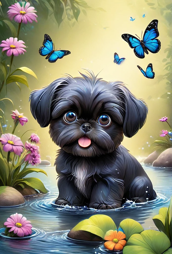 2 adorable very small very black Shih Tzu puppies with big bright blue eyes,extremely detailed eyes and face,longeyelashes,wearing blue collars and sunglasses,playing in creek,butterflies and flowers in background,3D Pixar style,photorealistic,masterpiece,vibrant colors,studio lighting,ultra-detailed,sharp focus,physically-based rendering,professional