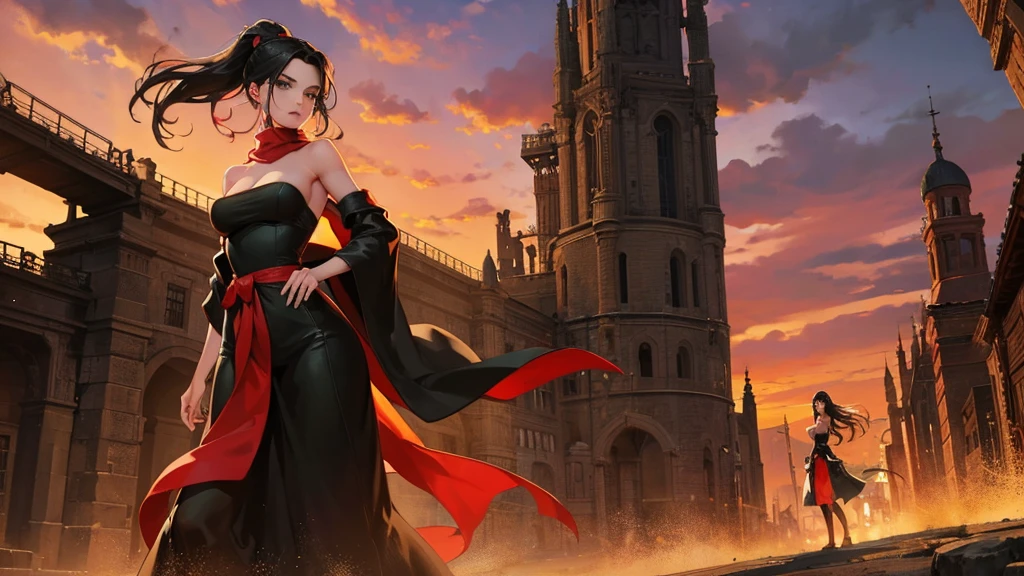 medieval setting, full view of body, 1 skinny female with large breast, beatiful smokey green eyes, black hair pinned up, strapless midi dress, red scarf around her neck, eerie sunset