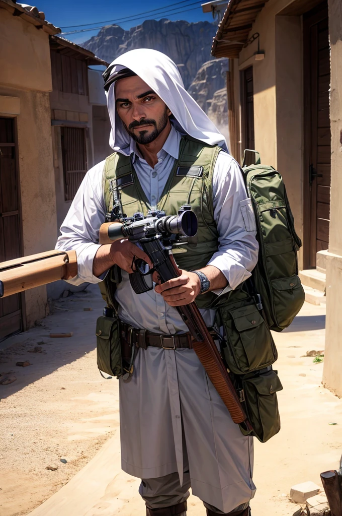 self view on shooting a riffle gun, background arabian country