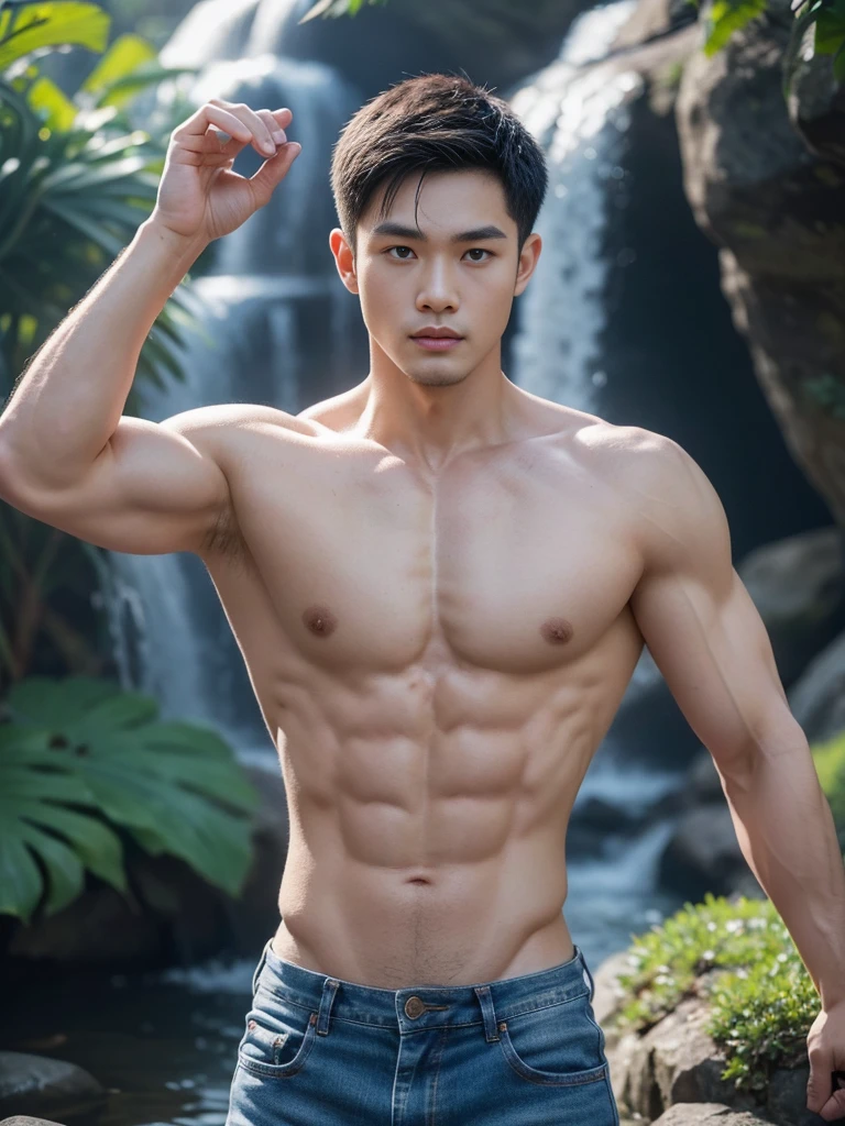 Vietnamese muscle man, Detailed undercut, Tight T-shirt , quiet, Jeans, Take the whole body, Walking posture :: Manly, Look at the camera, (Make eye contact), manhood posture, Manly deportment, Have morals, masculinity, manhood, very detailed facial parts, very detailed neck, Manly, waterfall background, happy expression, professional photos, soft focus, ( raw photos, best quality, Masterpiece:1.2), very detailed, Ultra high resolution, perfect anatomy, ส่วนของร่างกายที่very detailed, The body is very symmetrical., Asia, 18 years old, Highly detailed, detailed face, Detailed eyes, proportional eyes, very detailed mouth, Leaky abdomen :: very detailed, thin, small waist, realistic, human skin, นิ้วที่very detailed, handsome chad chin, Be a man, human skin, handsome, charming, Highly detailed RAW color photo, depth of field, Photo taken from the front, perfect composition, very detailed hands, very detailed fingers