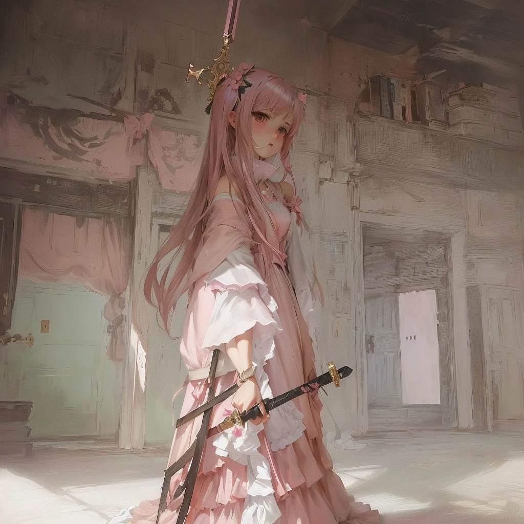 Anime girl in a pink dress holding a sword in a room, Gwaiz on pixiv artstation, Gwaiz, Gwaiz on artstation pixiv, artwork in the style of Gwaiz, Painted in an anime artist's studio, Gwaiz masterpiece, artstation pixivでトレンド, Created by Anime Painter StudioA 17-year-old Japanese girl with vibrant hair colors, long hair, daring hair styling, slender figure, plump cheeks. She embodies the punk rock aesthetic, dressed like a punk rocker with bold attire, large sunglasses, a defiant expression. She stands at 170 centimeters tall, weighs 30 kilograms, wears long boots, with her thighs visible under a red pleated skirt. Adorned with numerous silver accessories. Depict with distinct outlines, using colors other than black for the outlines, using colorful hues for the outlines. She's into girls' rock, punk, Electric guitar, vibrant colors, stages, and backed by a band. An underground clubhouse with colorful lighting amidst the darkness. Colorful candies resembling mountains of treats are plentiful, strewn all around. A tall, well-built man with blonde hair is present, adorned with tattoos, a nose piercing, and a split tongue.