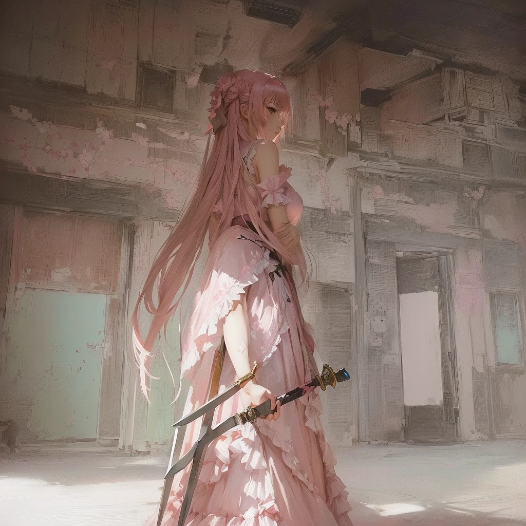 Anime girl in a pink dress holding a sword in a room, Gwaiz on pixiv artstation, Gwaiz, Gwaiz on artstation pixiv, artwork in the style of Gwaiz, Painted in an anime artist's studio, Gwaiz masterpiece, artstation pixivでトレンド, Created by Anime Painter StudioA 17-year-old Japanese girl with vibrant hair colors, long hair, daring hair styling, slender figure, plump cheeks. She embodies the punk rock aesthetic, dressed like a punk rocker with bold attire, large sunglasses, a defiant expression. She stands at 170 centimeters tall, weighs 30 kilograms, wears long boots, with her thighs visible under a red pleated skirt. Adorned with numerous silver accessories. Depict with distinct outlines, using colors other than black for the outlines, using colorful hues for the outlines. She's into girls' rock, punk, Electric guitar, vibrant colors, stages, and backed by a band. An underground clubhouse with colorful lighting amidst the darkness. Colorful candies resembling mountains of treats are plentiful, strewn all around. A tall, well-built man with blonde hair is present, adorned with tattoos, a nose piercing, and a split tongue.