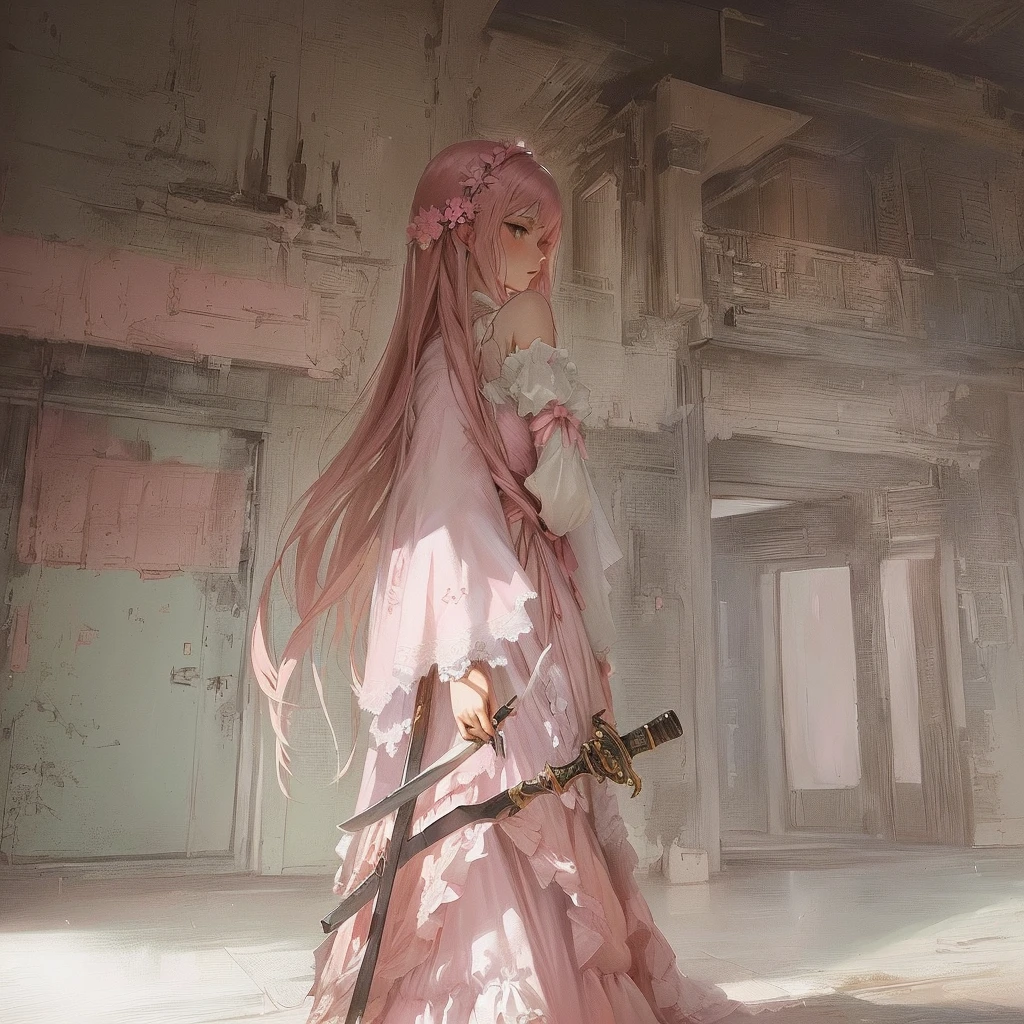 Anime girl in a pink dress holding a sword in a room, Gwaiz on pixiv artstation, Gwaiz, Gwaiz on artstation pixiv, artwork in the style of Gwaiz, Painted in an anime artist's studio, Gwaiz masterpiece, artstation pixivでトレンド, Created by Anime Painter StudioA 17-year-old Japanese girl with vibrant hair colors, long hair, daring hair styling, slender figure, plump cheeks. She embodies the punk rock aesthetic, dressed like a punk rocker with bold attire, large sunglasses, a defiant expression. She stands at 170 centimeters tall, weighs 30 kilograms, wears long boots, with her thighs visible under a red pleated skirt. Adorned with numerous silver accessories. Depict with distinct outlines, using colors other than black for the outlines, using colorful hues for the outlines. She's into girls' rock, punk, Electric guitar, vibrant colors, stages, and backed by a band. An underground clubhouse with colorful lighting amidst the darkness. Colorful candies resembling mountains of treats are plentiful, strewn all around. A tall, well-built man with blonde hair is present, adorned with tattoos, a nose piercing, and a split tongue.