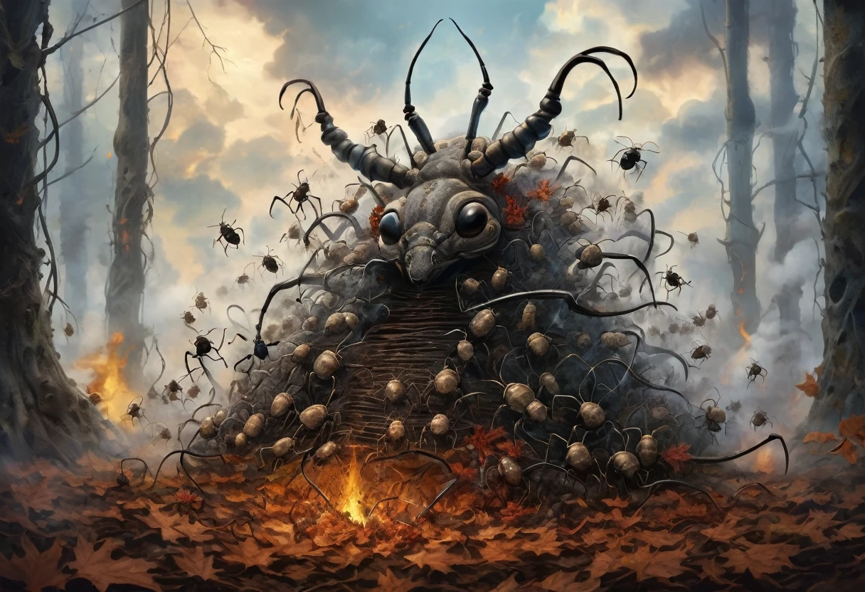The ant is a worm sitting on a throne of beetle skeletons, surrounded by clouds of smoke from burning leaves in a forest where the trees have the faces of ancient kings.