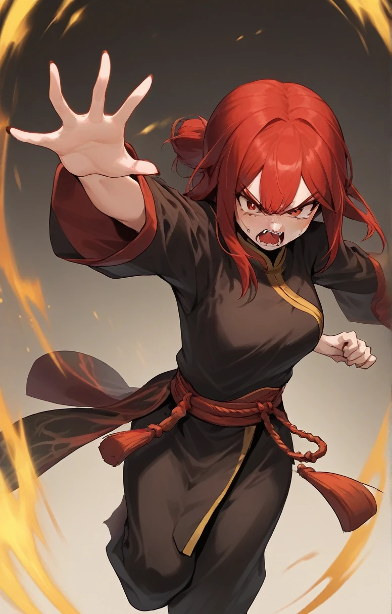 woman, human, adventurer, chinese costume, kung fu, elegant, flat chest, red hair, angry