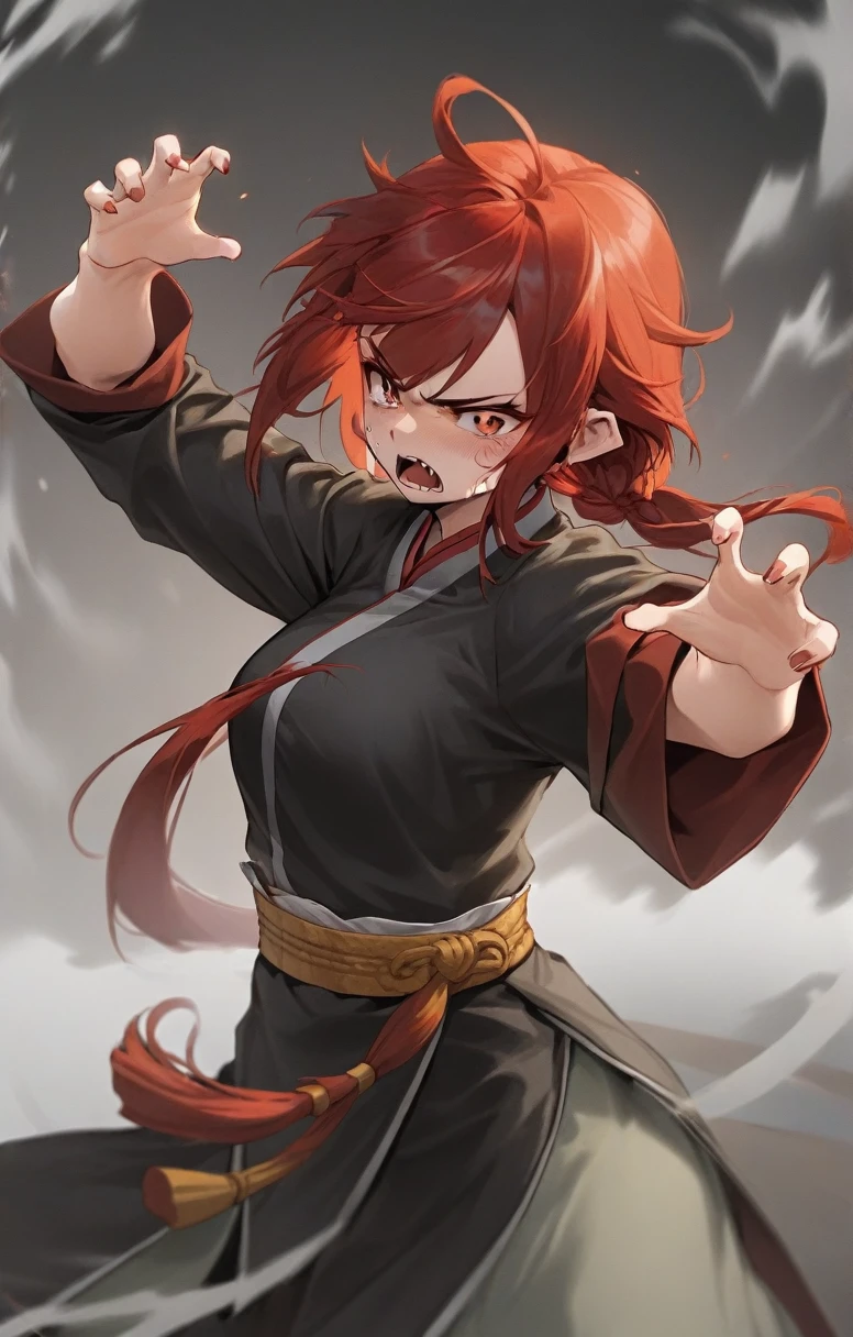 woman, human, adventurer, chinese costume, kung fu, elegant, flat chest, red hair, angry