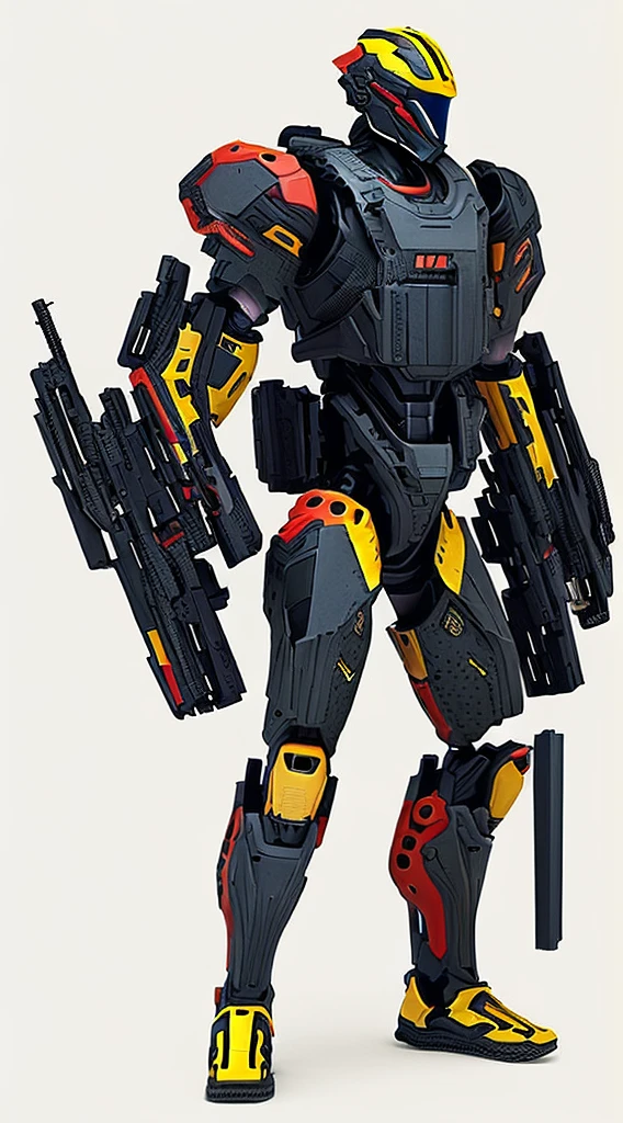 Close-up of man holding gun and helmet, mechanized art concept, Combat armor clothes, Mecha suit, anime mech armor, Wearing tech clothing and armor, Expert High Detail Concept Art, Detailed full body concept art, full body Mecha suit,