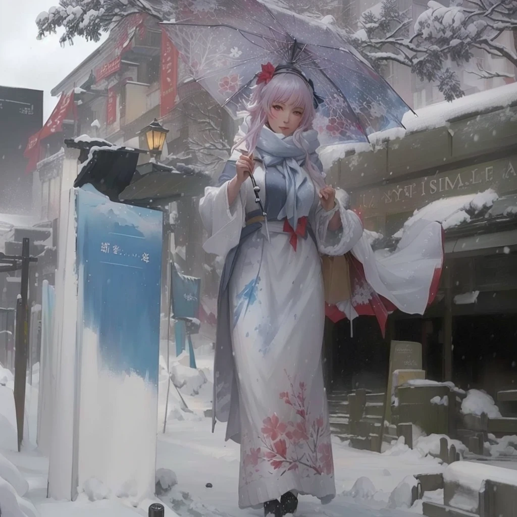 There is a woman holding an umbrella in the snow, Painted in an anime artist's studio, The Detailed Art of the Onmyoji, Gwaiz, Created by Anime Painter Studio, onmyoji, Digital Painting concept art, artwork in the style of Gwaiz, winter concept art, Low level of detail. Digital Painting, an expressive Digital Painting, Painterly concept art, soft Digital PaintingA 17-year-old Japanese girl with vibrant hair colors, long hair, daring hair styling, slender figure, plump cheeks. She embodies the punk rock aesthetic, dressed like a punk rocker with bold attire, large sunglasses, a defiant expression. She stands at 170 centimeters tall, weighs 30 kilograms, wears long boots, with her thighs visible under a red pleated skirt. Adorned with numerous silver accessories. Depict with distinct outlines, using colors other than black for the outlines, using colorful hues for the outlines. She's into girls' rock, punk, Electric guitar, vibrant colors, stages, and backed by a band. An underground clubhouse with colorful lighting amidst the darkness. Colorful candies resembling mountains of treats are plentiful, strewn all around. A tall, well-built man with blonde hair is present, adorned with tattoos, a nose piercing, and a split tongue.