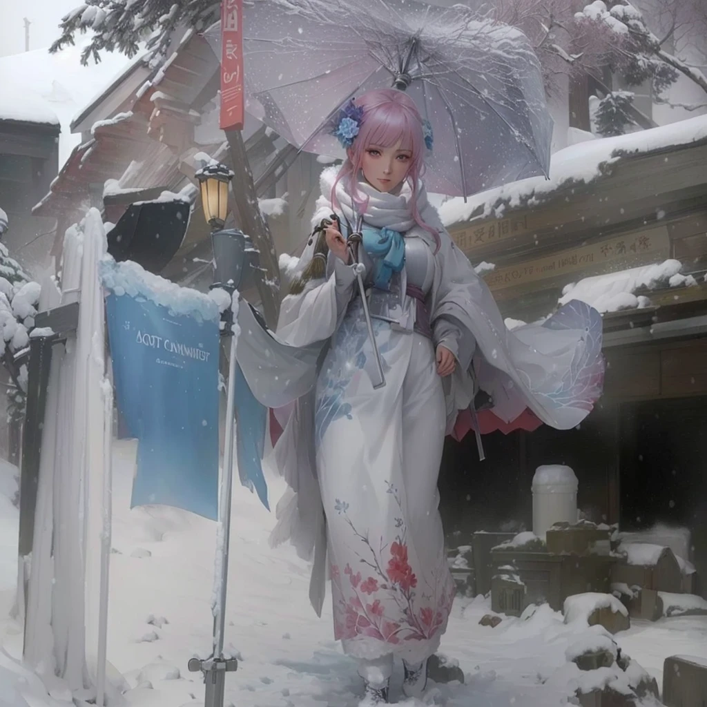 There is a woman holding an umbrella in the snow, Painted in an anime artist's studio, The Detailed Art of the Onmyoji, Gwaiz, Created by Anime Painter Studio, onmyoji, Digital Painting concept art, artwork in the style of Gwaiz, winter concept art, Low level of detail. Digital Painting, an expressive Digital Painting, Painterly concept art, soft Digital PaintingA 17-year-old Japanese girl with vibrant hair colors, long hair, daring hair styling, slender figure, plump cheeks. She embodies the punk rock aesthetic, dressed like a punk rocker with bold attire, large sunglasses, a defiant expression. She stands at 170 centimeters tall, weighs 30 kilograms, wears long boots, with her thighs visible under a red pleated skirt. Adorned with numerous silver accessories. Depict with distinct outlines, using colors other than black for the outlines, using colorful hues for the outlines. She's into girls' rock, punk, Electric guitar, vibrant colors, stages, and backed by a band. An underground clubhouse with colorful lighting amidst the darkness. Colorful candies resembling mountains of treats are plentiful, strewn all around. A tall, well-built man with blonde hair is present, adorned with tattoos, a nose piercing, and a split tongue.