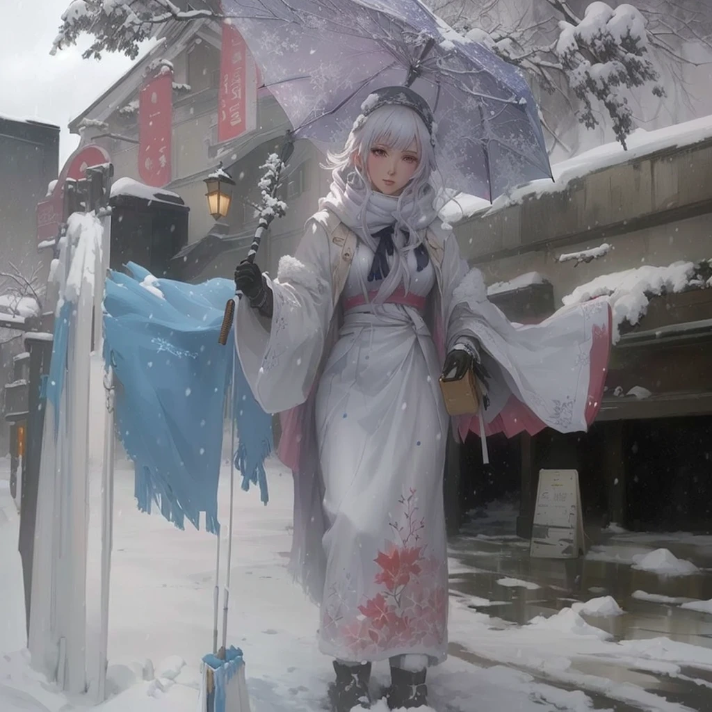 There is a woman holding an umbrella in the snow, Painted in an anime artist&#39;s studio, The Detailed Art of the Onmyoji, Gwaiz, Created by Anime Painter Studio, onmyoji, Digital Painting concept art, artwork in the style of Gwaiz, winter concept art, Low level of detail. Digital Painting, an expressive Digital Painting, Painterly concept art, soft Digital PaintingA 17-year-old Japanese girl with vibrant hair colors, long hair, daring hair styling, slender figure, plump cheeks. She embodies the punk rock aesthetic, dressed like a punk rocker with bold attire, large sunglasses, a defiant expression. She stands at 170 centimeters tall, weighs 30 kilograms, wears long boots, with her thighs visible under a red pleated skirt. Adorned with numerous silver accessories. Depict with distinct outlines, using colors other than black for the outlines, using colorful hues for the outlines. She's into girls' rock, punk, Electric guitar, vibrant colors, stages, and backed by a band. An underground clubhouse with colorful lighting amidst the darkness. Colorful candies resembling mountains of treats are plentiful, strewn all around. A tall, well-built man with blonde hair is present, adorned with tattoos, a nose piercing, and a split tongue.