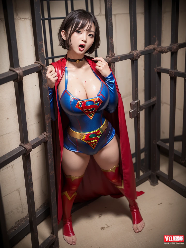 masterpiece、Supergirl Costume、short hair、barefoot、Big and ample breasts、Crisis situation、prison、In a cage、torture、Muddy、Spread your legs、handcuffs、Shiny、looking at the camera、Seduce、choker、Long sleeve、red sexy pose、POW camps、Sticking out tongue、Stick your butt out、((Voluptuous))、Back view