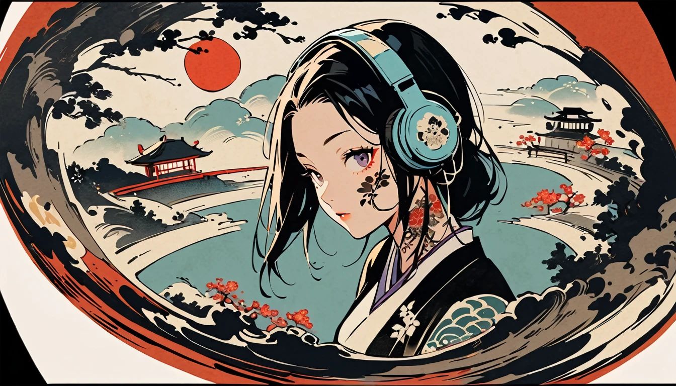 fisheye, Ink Painting, (((1 girl))), (((Tattoo on face))), sunglasses, Japanese style headphones, beautiful girl, Black Hair, Delicate and precise, Modern ukiyo-e style, Dark image