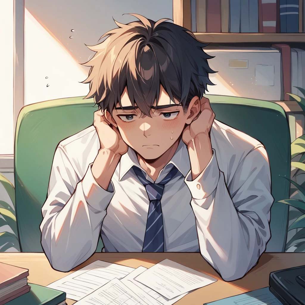 Cute anime-style illustrations、A large amount of documents and a computer are piled up on the office desk。A businessman is sitting at a desk、He is holding his head with a tired expression。
