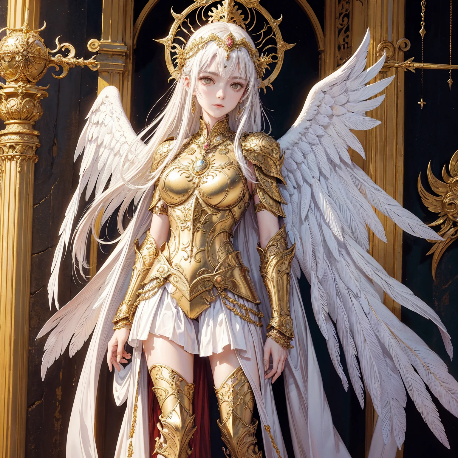 Art of woman wearing sun crown and ornate breastplate, a pair of golden-armored angelic white wings spread out behind the woman, ancient goddess art, Sacredness. Very detailed, Mysterious inspiration, Inspiration from the Sun God, Religious inspiration, Cold and snobbish face, Dangerous expressions, Keep a straight impersonal face without any smile, White hair, Standing, Full body portrait, Gothic art style, Weird art style, Occult art