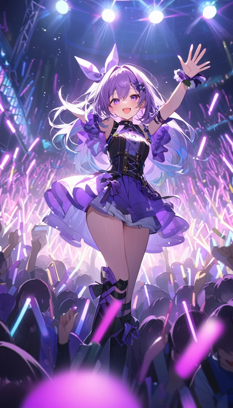 At the concert venue, Many purple glow sticks are waving、