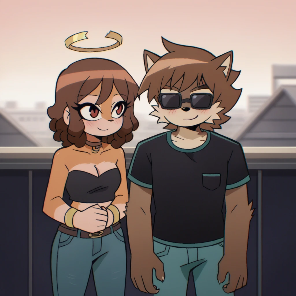 Score_9, score_8_up, 2characters, mobian, male, wolf, two tone fur(black fur, white fur), black shirt, jeans, high-top sneakers, two-tone hair (brown hair, black tip)), dreadlocks, jewelry, brown eyes, brown eyes, smile, 1girl, mobian, hedgehog, two-tone fur ((orange fur, brown fur)), pyjama elastic shorts, strapless crop top, cleavage, high-top sneakers, two-tone hair (brown hair, black tip)), curly hair, halo, sunglasses, jewelry, red eyes, longeyelashes, red eyes, smile, shy, blush, together, in love, kissing