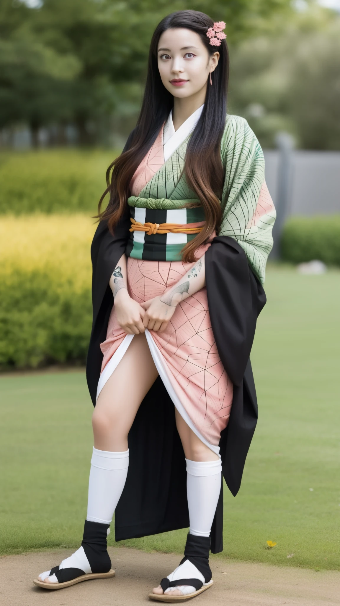 Female, moisturized skin, (pink and bright eyes), (full body: 1.4),
BREAK,
(kicking: 1.3),
BREAK,
(black grass tattoo on body: 1.3),
BREAK,
(cute kimono: 1.2), (black haori: 1.2),
BREAK,
(super long hair), (light gradient hair: 1.3), (red tips: 1.3),
BREAK,
(realistic: 1.3), (super high resolution), (highly detailed: 1.4), (full body: 1.4), (symmetrical: 1.2), (one shot),
BREAK,
(Japanese city: 1.2),
BREAK,
(Demon Slayer: 1.4), (Hirose Suzu: 1.3), (Kamado Nezuko),