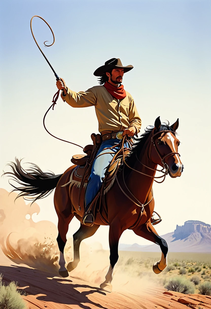 Cowboy on horseback wielding a long whip