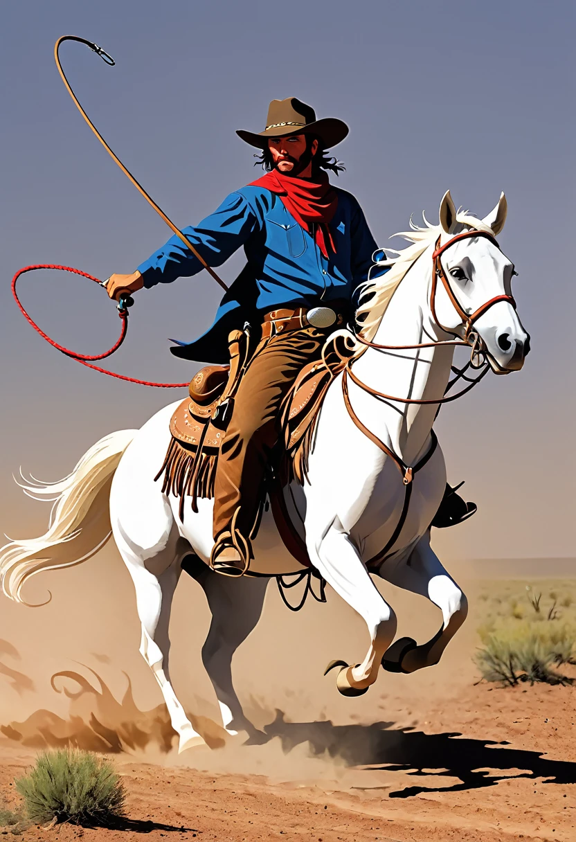 Cowboy on horseback wielding a long whip
