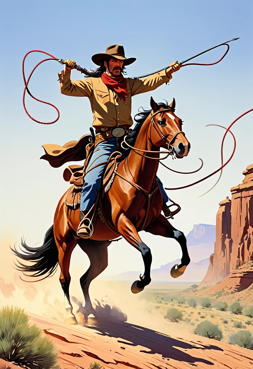 Cowboy on horseback wielding a long whip