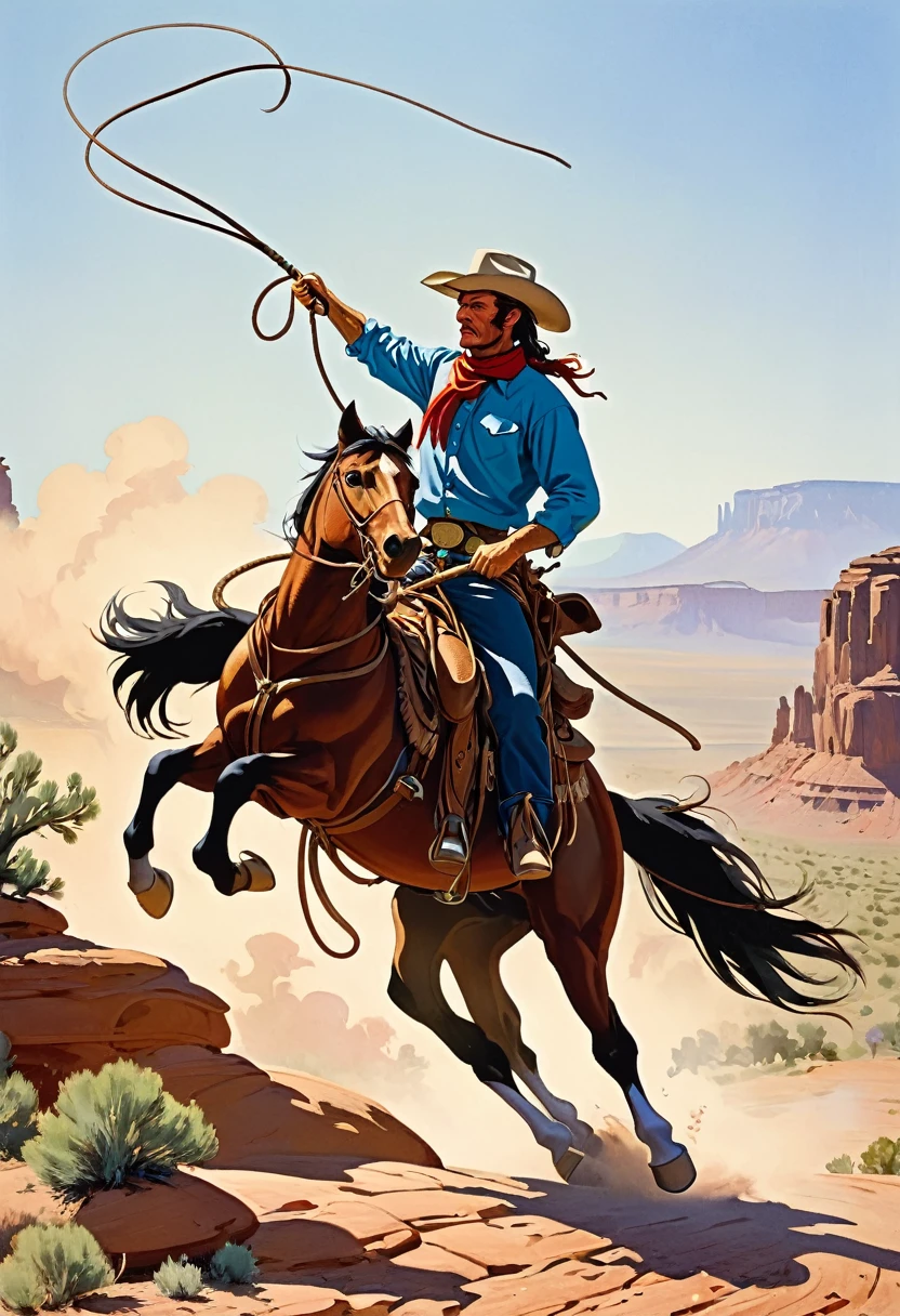 Cowboy on horseback wielding a long whip