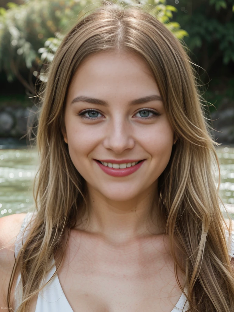 Full of joy and warmth, Young woman with long blond hair, Sharp blue eyes, Charming red lips and bright smile，Lights up the whole face. Her eyes, Happiness shines, Shine like a precious jewel, Showing her inner beauty.

She had a sincere smile on her face, She exudes an irresistible charm，Both infectious and refreshing. soft, The diffused light from the movie lights accentuates the natural glow of her face, It adds to the brightness of her smile and the twinkle of her eyes..

In this moment of pure happiness, Lush greenery and a gurgling stream form a picturesque backdrop, Amplify the sense of joy and serenity she radiates. Every detail, From her messy hair to the fine lines around her eyes, Telling stories of a life full of laughter and love.

Captured with stunning clarity and high definition, This photo forever captures her beautiful smile and the light in her eyes, A timeless reminder of the power of happiness to brighten even the darkest days.






