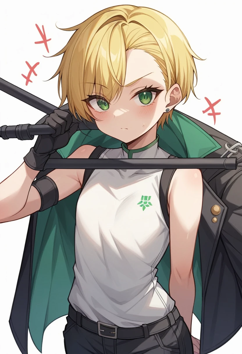 (One girl)、((short hair))、(sidelock)、(Blonde)、(sidelock)、((boyish))、((flat chest))、((Wizard))、black stick pants、White sleeveless、black jacket、black gloves、say、green eye、arm behind back、(coarse hair)、20-year-old 、curvy、asymmetrical bangs、White Background、